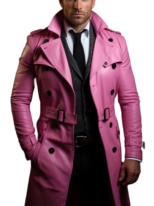 Double Breasted Pink Leather Long Coat