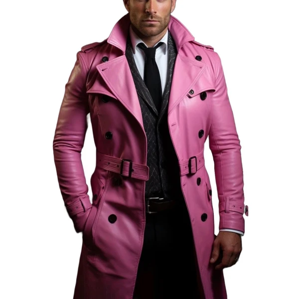 Double Breasted Pink Leather Long Coat
