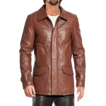 Dual Zip And Button Closure Leather Overcoat Brown
