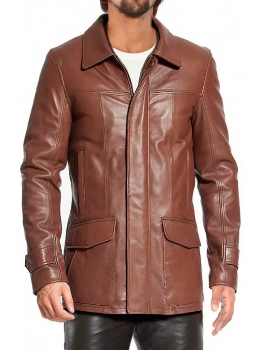 Dual Zip And Button Closure Leather Overcoat Brown