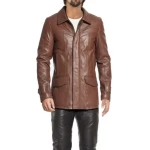 Dual Zip And Button Closure Leather Overcoat Brown
