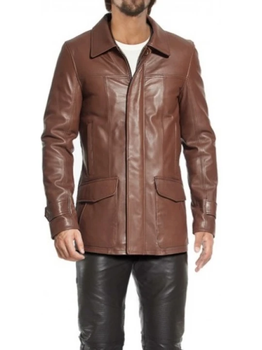 Dual Zip And Button Closure Leather Overcoat Brown