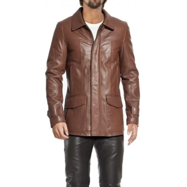 Dual Zip And Button Closure Leather Overcoat Brown