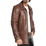 Dual Zip And Button Closure Leather Overcoat Brown