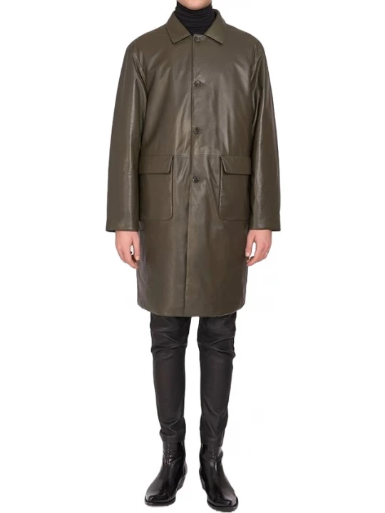 Flap Pockets Brown Leather Overcoat
