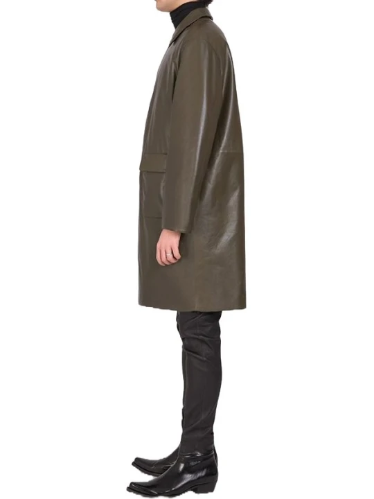 Flap Pockets Brown Leather Overcoat