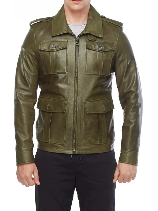Flap Pockets Olive Green Leather Coat