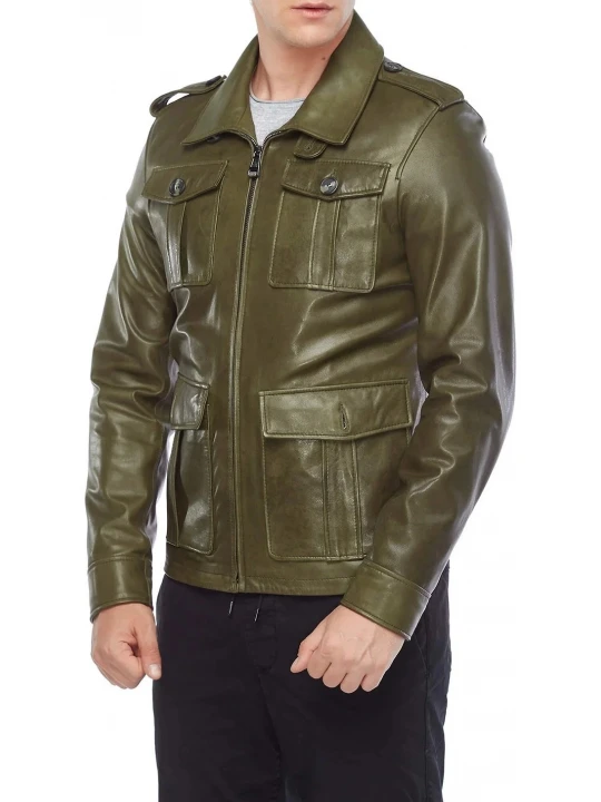 Flap Pockets Olive Green Leather Coat