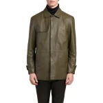 Fleece Pocket Olive Green Leather Coat