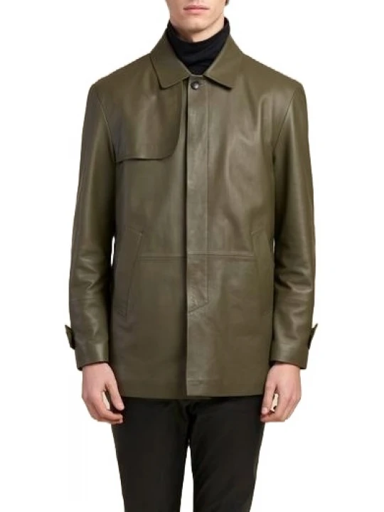 Fleece Pocket Olive Green Leather Coat