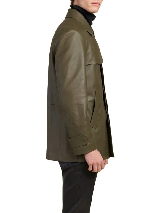 Fleece Pocket Olive Green Leather Coat