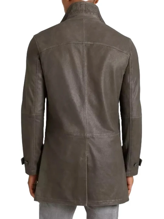 Grey Mid Length Leather Coat