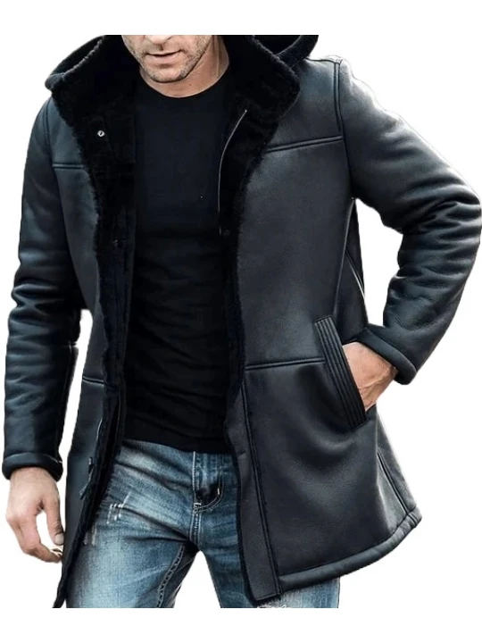 Hooded Fur Black Leather Long Coat