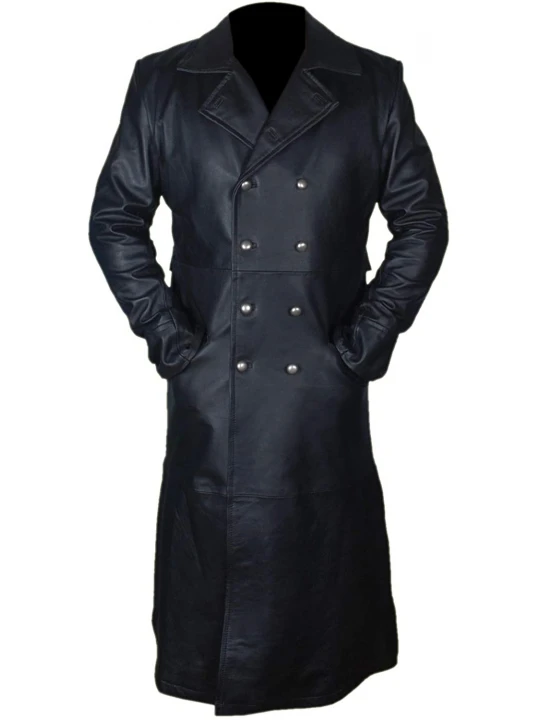 Mens Army Style Genuine Sheepskin Black Leather Long Trench Coat