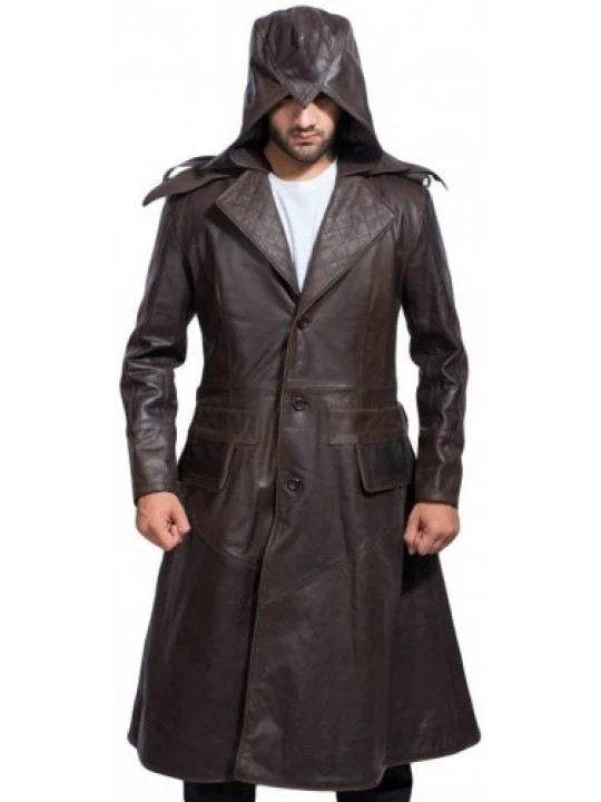 Mens Assassins Creed Syndicate Genuine Sheepskin Brown Leather Long Trench Coat