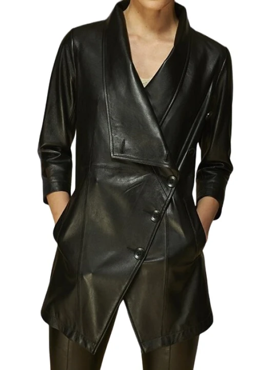 Mens Asymmetrical Front Genuine Sheepskin Black Long Leather Trench Coat
