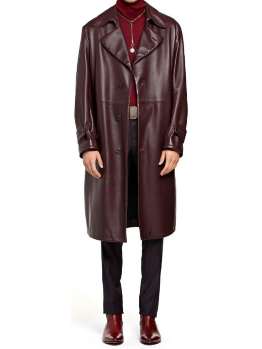 Mens Belted Real Sheepskin Burgundy Long Leather Trench Coat
