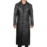 Mens Classic Real Sheepskin Black Long Leather Trench Coat