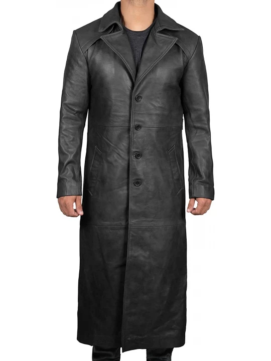 Mens Classic Real Sheepskin Black Long Leather Trench Coat