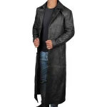 Mens Classic Real Sheepskin Black Long Leather Trench Coat