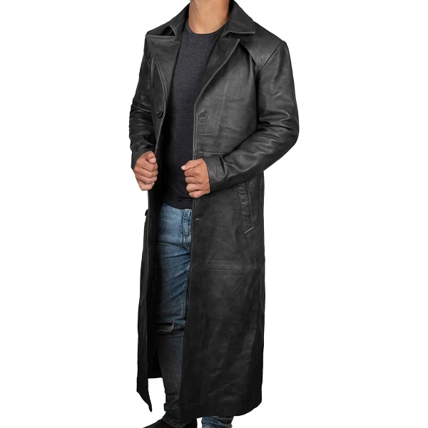 Mens Classic Real Sheepskin Black Long Leather Trench Coat