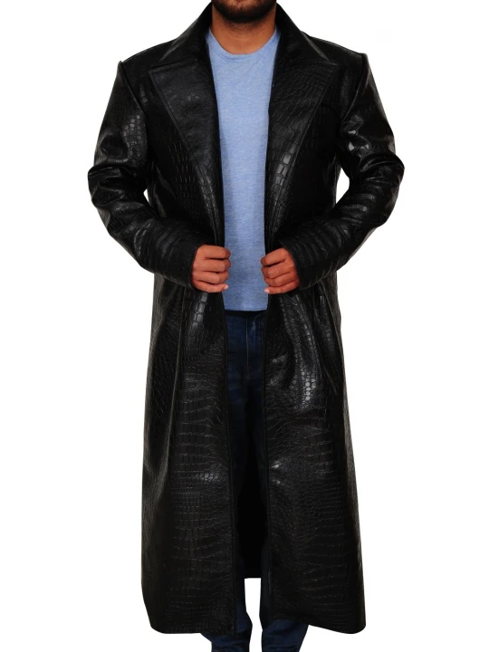 Mens Crocodile Pattern Genuine Sheepskin Black Leather Long Trench Coat