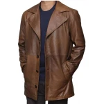 Mens Distressed Real Sheepskin Brown Long Leather Coat