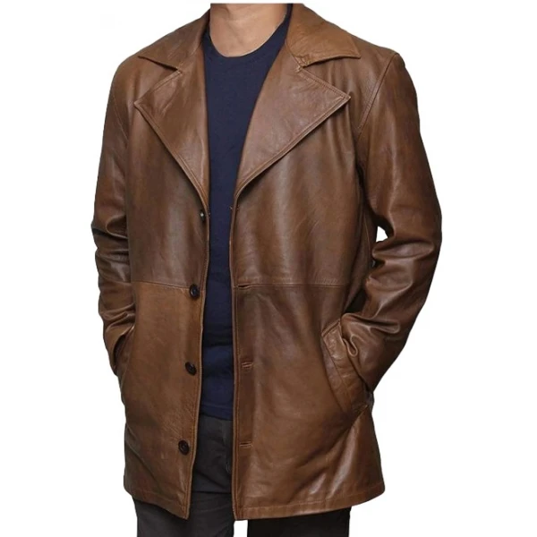 Mens Distressed Real Sheepskin Brown Long Leather Coat