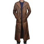Mens Distressed Real Sheepskin Brown Long Leather Trench Coat