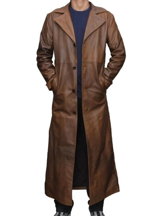 Mens Distressed Real Sheepskin Brown Long Leather Trench Coat
