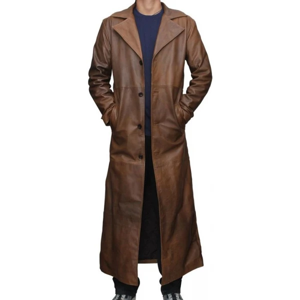 Mens Distressed Real Sheepskin Brown Long Leather Trench Coat