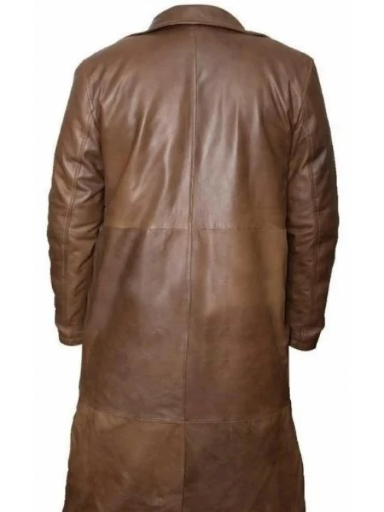 Mens Distressed Real Sheepskin Brown Long Leather Trench Coat