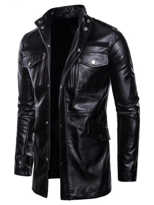 Mens Edgy Genuine Sheepskin Black Leather Long Trench Coat