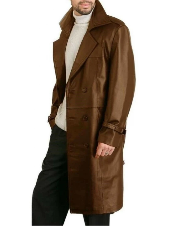 Mens Elegant style Real Sheepskin Brown Long Leather Trench Coat
