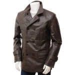 Mens Elegant style Real Sheepskin Dark Brown Long Leather Coat