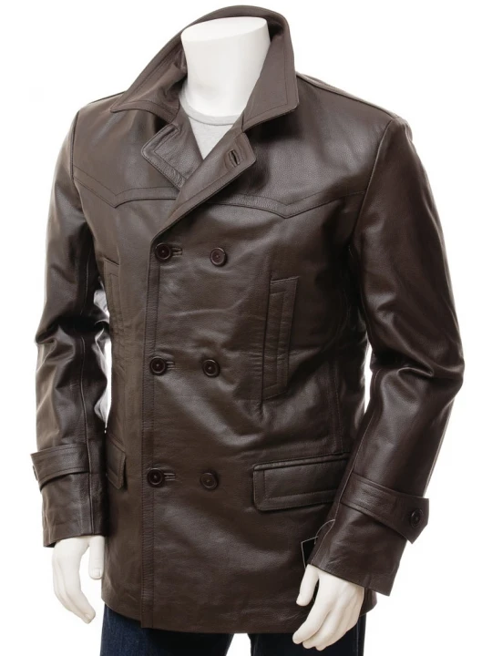 Mens Elegant style Real Sheepskin Dark Brown Long Leather Coat