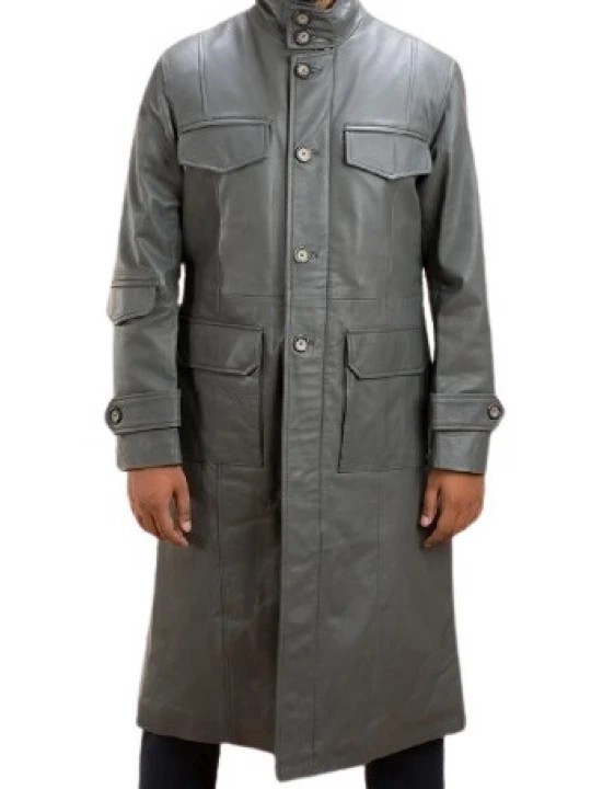 Mens Fabulous Genuine Sheepskin Gray Leather Long Trench Coat