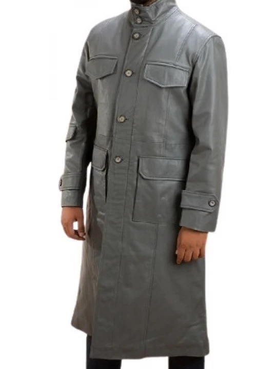 Mens Fabulous Genuine Sheepskin Gray Leather Long Trench Coat