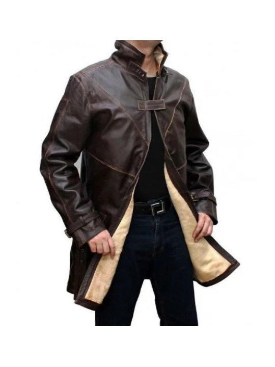 Mens Glamorous Real Sheepskin Distressed Brown Long Leather Trench Coat