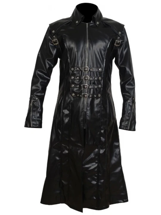 Mens Gothic Genuine Sheepskin Black Leather Long Trench Coat