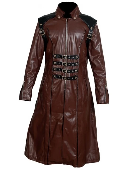 Mens Gothic Genuine Sheepskin Brown Leather Long Trench Coat