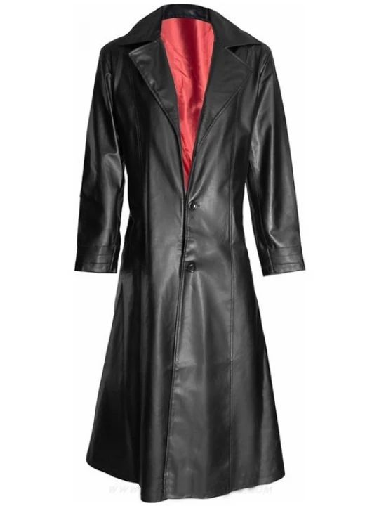 Mens Gothic Style Real Sheepskin Black Leather Long Trench Coat
