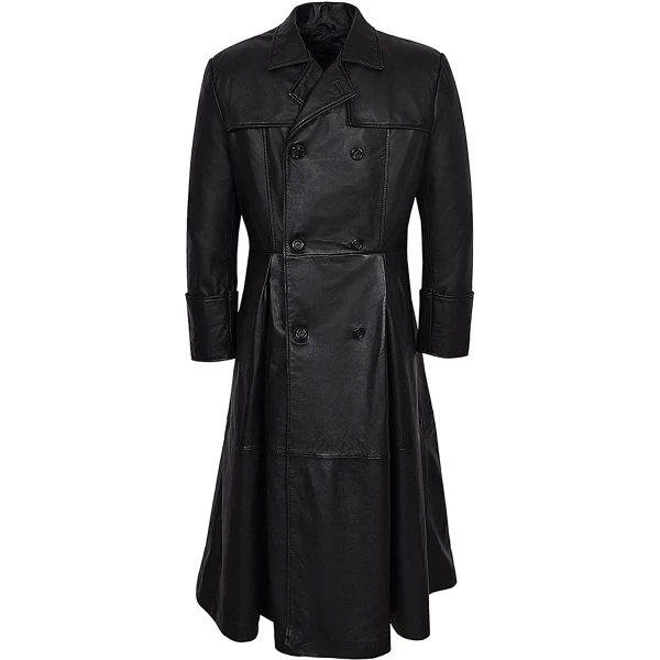 Mens Impressive Style Genuine Sheepskin black Leather Long Trench Coat