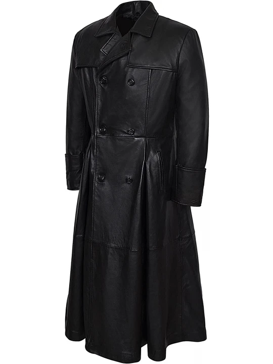 Mens Impressive Style Genuine Sheepskin black Leather Long Trench Coat