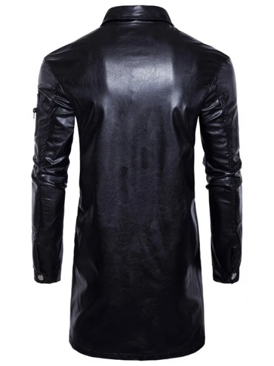 Mens New Fashion Real Sheepskin Black Leather Coat