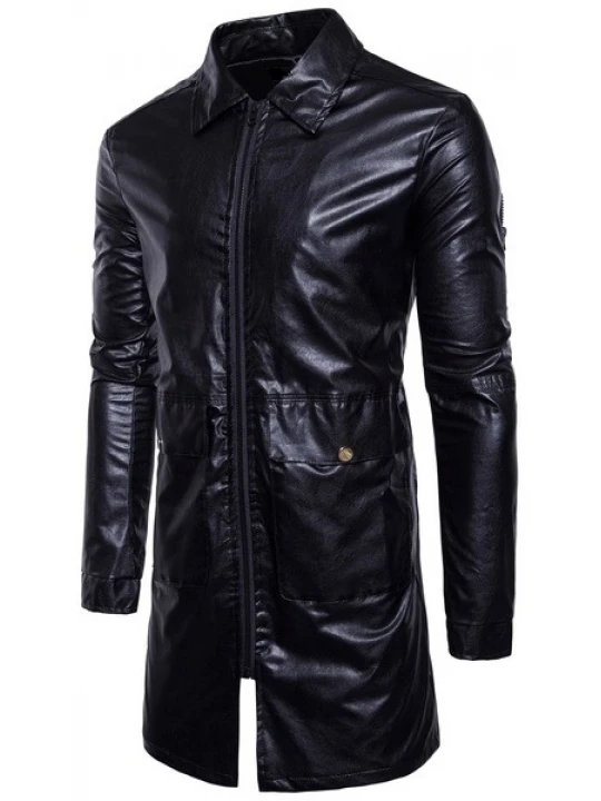 Mens New Fashion Real Sheepskin Black Leather Coat