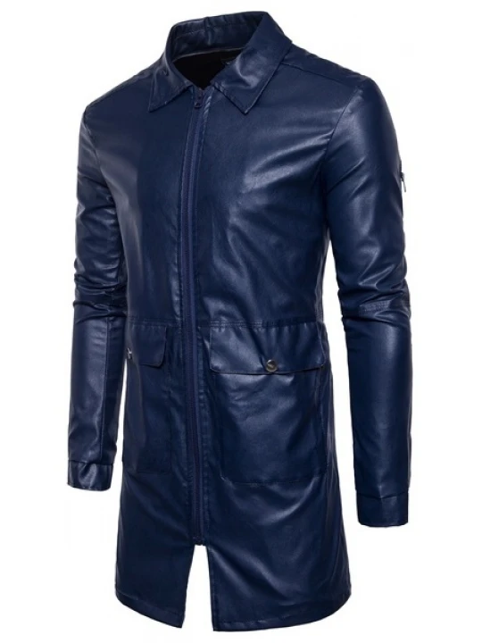 Mens New Fashion Real Sheepskin Blue Leather Coat