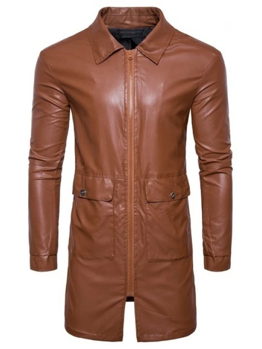 Mens New Fashion Real Sheepskin Brown Leather Coat