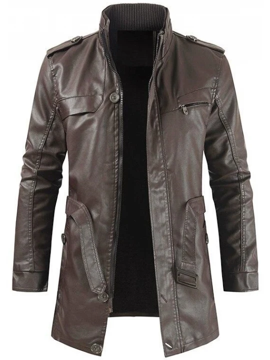 Mens Smart Look Genuine Sheepskin Brown Leather Long Trench Coat