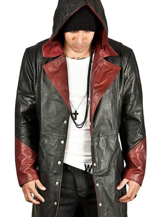 Mens Stylish Hooded Genuine Sheepskin Black and Burgundy Leather Long Trench Coat